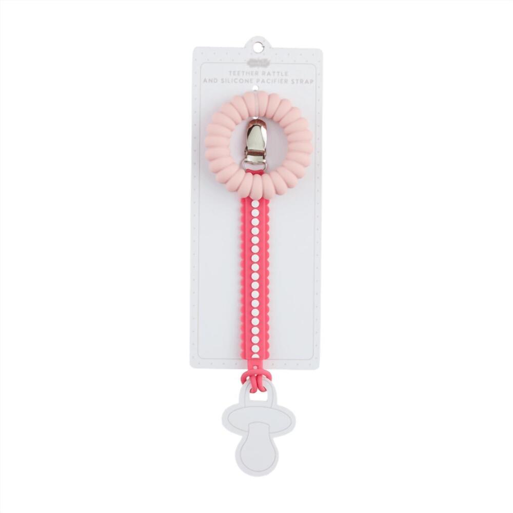 NEW MUDPIE kid's teether rattle with paci strap in pink